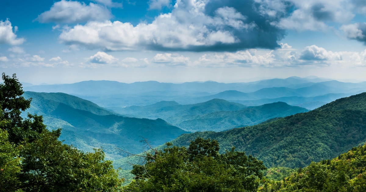 A panoramic mountain landscape shows multiple overlapping ridges covered in dense green forest, receding into the distance with layers of blue atmospheric haze. The foreground features bright green deciduous trees, while successive mountain ranges fade to progressively lighter shades of blue-gray toward the horizon. White cumulus clouds drift across a bright blue sky above the mountainous terrain.