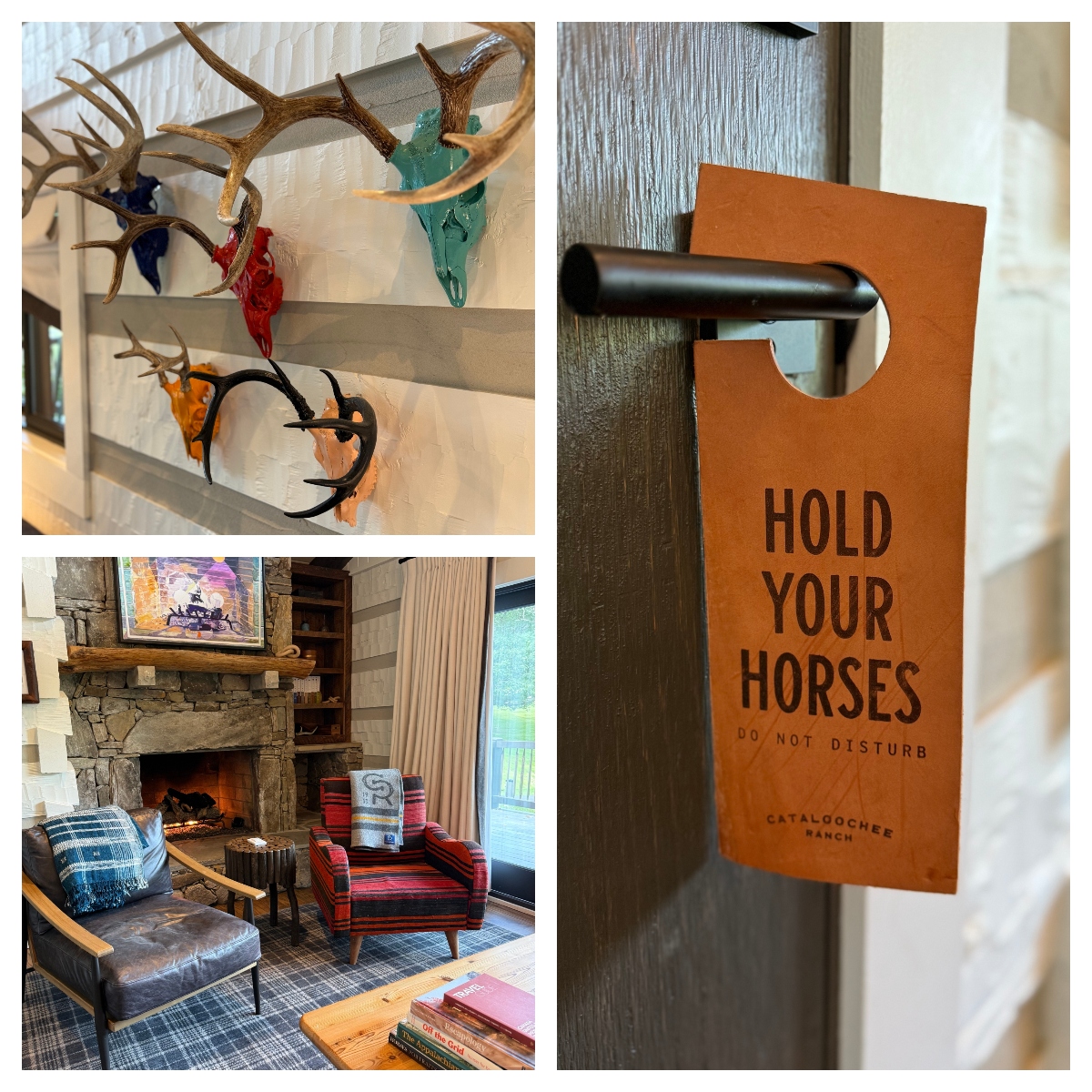 A three-image collage showcasing rustic lodge room details. The top left shows decorative animal skulls and antlers painted in vibrant colors including turquoise, red, orange, and navy mounted on white shiplap walls. The top right displays a leather door hanger reading "HOLD YOUR HORSES / DO NOT DISTURB / CATALOOCHEE RANCH," while the bottom image features a cozy seating area with a stone fireplace, leather ottoman with plaid pillow, and striped armchair.