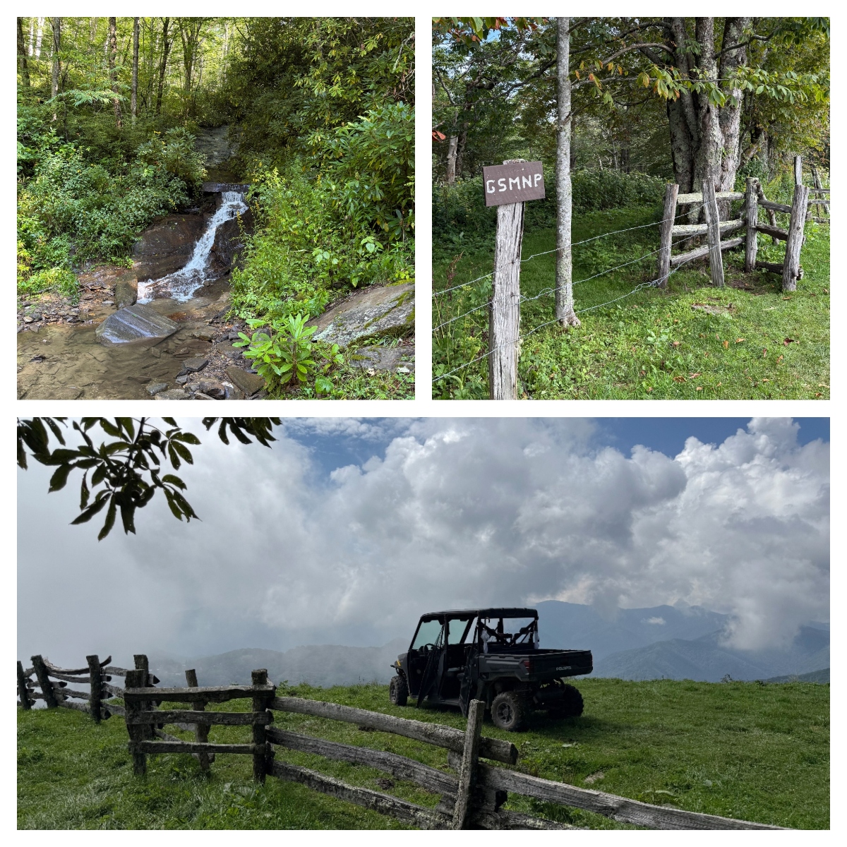 A three-image collage showing scenes from what appears to be a mountain ranch or park setting. The top left image shows a small waterfall cascading over rocks in a forested area, while the top right displays a rustic wooden fence with a "GSMNP" sign. The bottom image features a black utility terrain vehicle parked beside a split-rail fence on a grassy hillside under dramatic storm clouds.