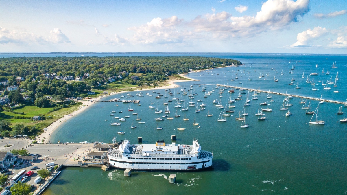 An aerial view shows a large white passenger ferry docked at a terminal pier, with numerous sailboats and yachts anchored throughout the surrounding harbor waters. The coastal scene includes a tree-lined shoreline with residential buildings, a sandy beach area, and blue waters extending to the horizon under a partly cloudy sky.